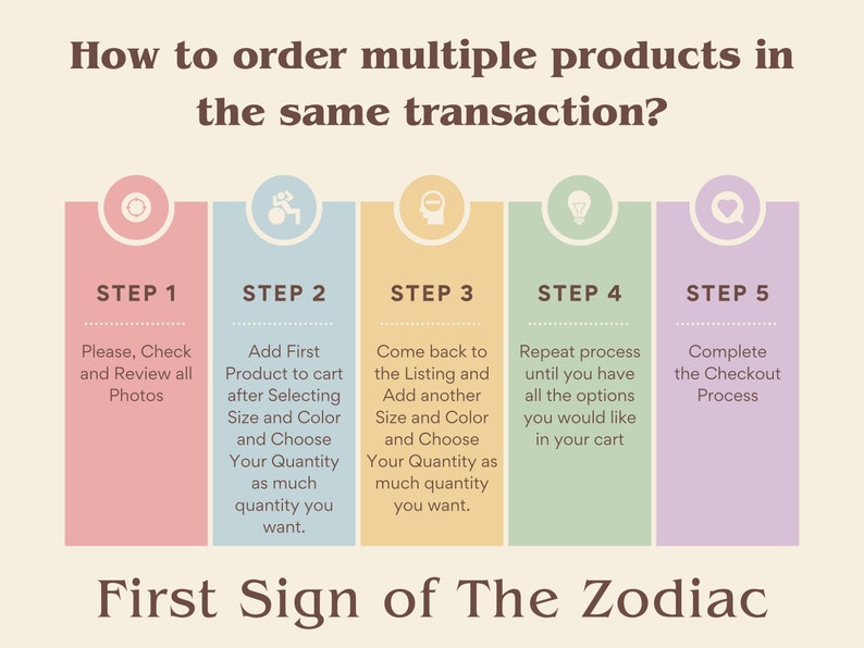 May include: A five-step guide on how to order multiple products in the same transaction. The steps are illustrated with icons and text. Step 1: Please, Check and Review all Photos. Step 2: Add First Product to cart after Selecting Size and Colour and Choose Your Quantity as much quantity you want. Step 3: Come back to the Listing and Add another Size and Colour and Choose Your Quantity as much quantity you want. Step 4: Repeat process until you have all the options you would like in your cart. Step 5: Complete the Checkout Process.