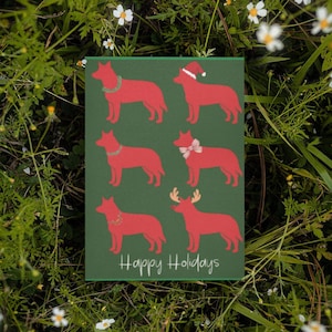 Paquet de 10/30/50 cartes postales Chiens de Noël. Adresse de retour personnalisée disponible. Carte de voeux bleue ou rouge pour les amoureux des chiens à talons hauts pour la joie de Noël.