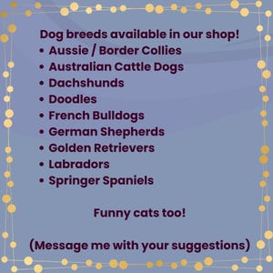A purple background with a gold border of connected circles. Text lists dog breeds available: Aussie/Border Collies, Australian Cattle Dogs, Dachshunds, Doodles, French Bulldogs, German Shepherds, Golden Retrievers, Labradors, and Springer Spaniels. 'Funny cats too!' is also written, with a message to suggest more.