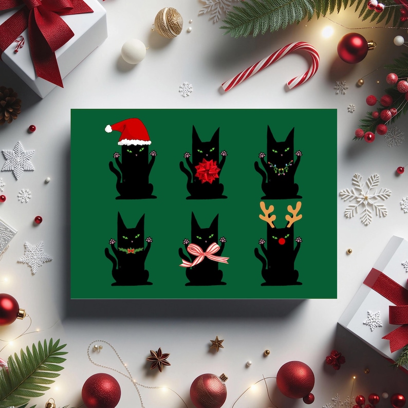 A Christmas-themed greeting card featuring six black cat illustrations. Each cat is depicted in a different festive outfit, including a Santa hat, bow, garland, and reindeer antlers. The card is set against a green background and surrounded by holiday decorations like ornaments and snowflakes.