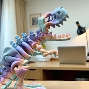 Puede incluir: Una escultura de esqueleto de dinosaurio multicolor en tonos pastel. La pieza decorativa es un esqueleto de T-Rex con la boca abierta, y se exhibe sobre una superficie de madera. Los colores son azul, rosa y amarillo.