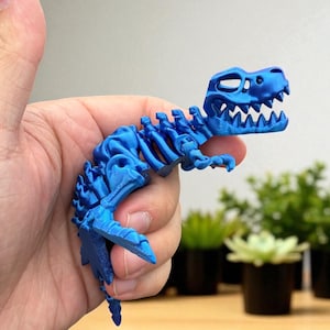 Puede incluir: Un juguete de esqueleto de dinosaurio azul articulado. El juguete es una representaci&oacute;n detallada de un Tyrannosaurus Rex, con costillas, columna vertebral y cr&aacute;neo visibles. El juguete se sostiene en una mano, con un fondo borroso de plantas.