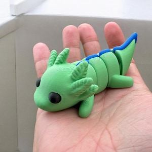 May include: A green and blue 3D printed axolotl figurine. The axolotl has a segmented body and large, black eyes.