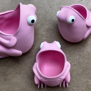 May include: Three pink frog-shaped planters with open mouths. The planters are made of a smooth, matte material and have large, white eyes.