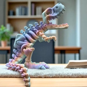 Puede incluir: Un colorido esqueleto de dinosaurio en tonos pastel de azul, rosa, amarillo y verde. El art&iacute;culo decorativo se exhibe sobre una alfombra de color claro sobre una mesa de madera. Un libro abierto est&aacute; en el fondo.
