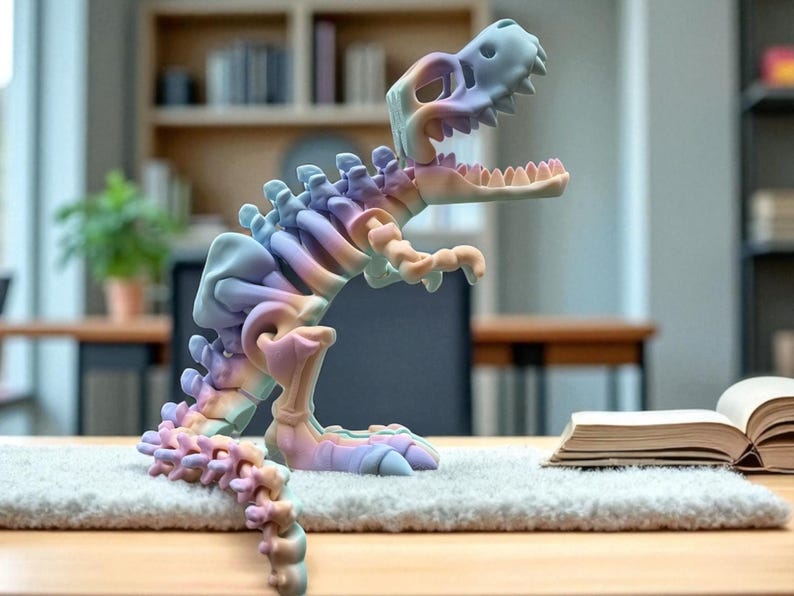 Puede incluir: Un colorido esqueleto de dinosaurio en tonos pastel de azul, rosa, amarillo y verde. El art&iacute;culo decorativo se exhibe sobre una alfombra de color claro sobre una mesa de madera. Un libro abierto est&aacute; en el fondo.