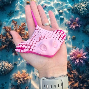 Puede incluir: Objeto rosa estilizado en forma de manta raya, con una parte superior texturizada y una parte inferior lisa. El objeto tiene dos grandes rasgos redondos en forma de ojos. El fondo presenta una escena submarina con coral y luz solar.