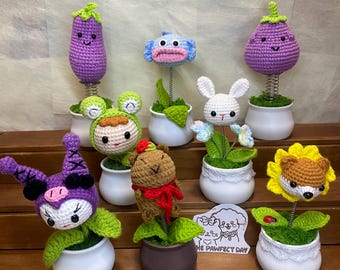 Handmade Finished Crochet Capybara/Eggplants/Bunny/Frog/Doggy/Fish Pot |Home Decor |Crochet Pot | Decorative Plants |Crochet Flowers in Pot