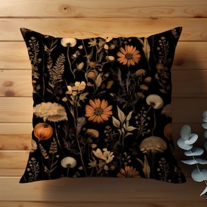 Dark Botanical Throw Pillow, Autumn Home Decor, Cottagecore Pillow, Housewarming Gift