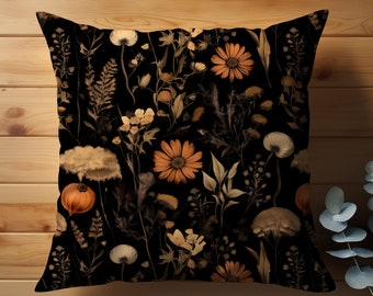 Dark Botanical Throw Pillow, Autumn Home Decor, Cottagecore Pillow, Housewarming Gift