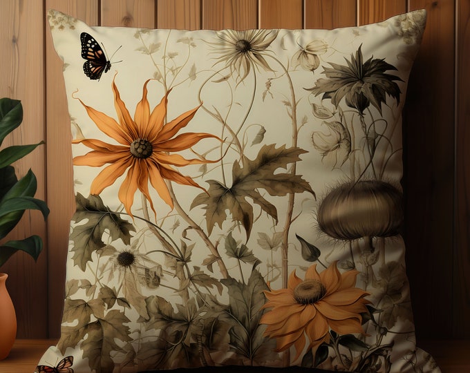 Light Botanical Throw Pillow, Cottagecore Home Decor, Botanical Pillow, Vintage Design, Housewarming Gift