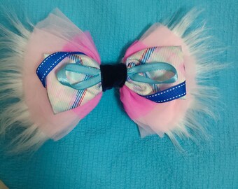 Extra large fluffy pink and blue hairbow, / badge