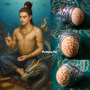 May include: Silver ring with an oval, orange-colored stone featuring a unique pattern. The ring has detailed, decorative carvings around the stone and on the band. The image also shows a painting of a person in a fantasy setting.