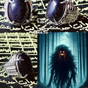 May include: A silver ring with a large, oval, dark blue stone speckled with gold flecks. The ring has a detailed, ornate design on the band. The image also includes a digital illustration of a dark, hairy creature with glowing eyes in a forest.