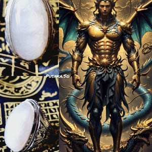May include: Two silver rings with white oval stones. The rings are set against a black background with intricate patterns. The image also shows a golden figure with wings and a crown, standing on a coiled blue dragon.