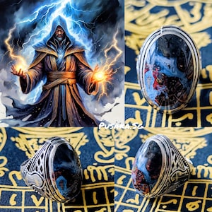 May include: The image showcases three silver rings with oval-shaped, multi-colored stones. The stones feature a mix of blue, red, and black hues. The rings have intricate silver designs on the bands. A digital illustration of a wizard with lightning is in the background.