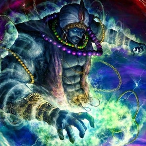 May include: A blue genie with a turban and a long beard, wearing gold and purple jewelry, with a green and blue swirling energy around his hands.