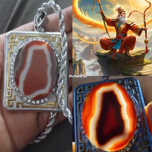 May include: A silver pendant featuring a red and white agate stone set within a silver frame with a geometric design. The pendant is attached to a silver chain.