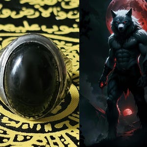 May include: A silver-toned ring featuring a large, smooth, oval-shaped black stone set in a polished metal band. Beside the ring is a digital illustration of a muscular, white-furred werewolf standing under a large, glowing red moon in a dark sky.