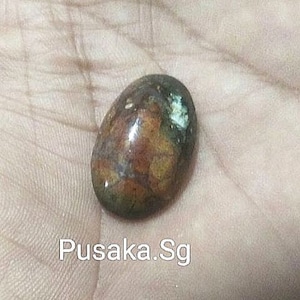 May include: A close-up of a smooth, oval-shaped stone with a brown, red, and green mottled pattern. The stone has a glossy finish and is set against a light brown background.