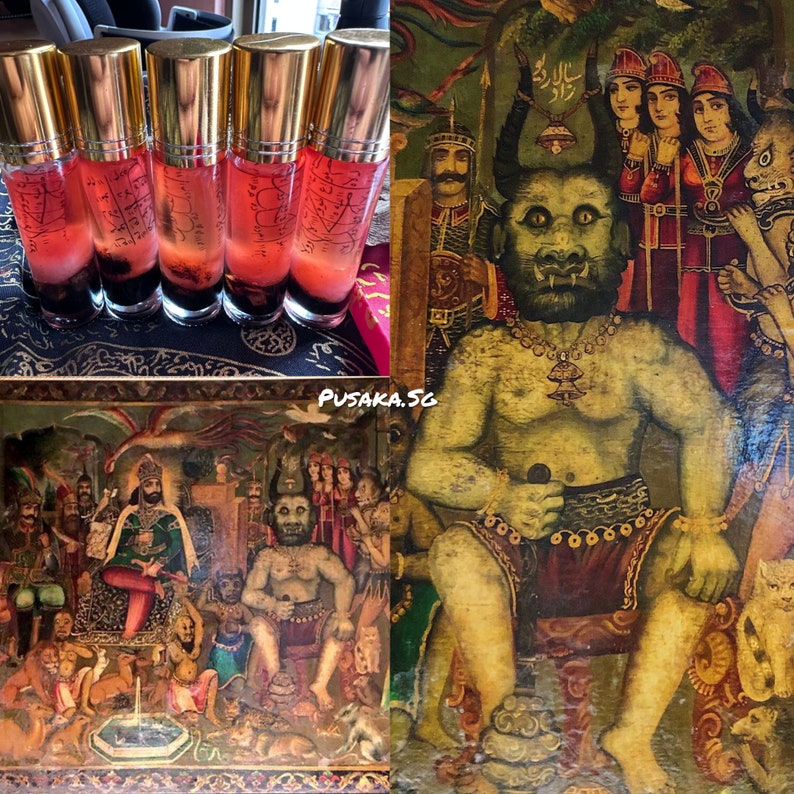 Pode incluir: Uma pintura que retrata uma criatura m&iacute;tica com chifres e um corpo humanoide, cercada por outras figuras. A criatura est&aacute; vestindo uma roupa vermelha e dourada e um colar com um pingente. A pintura &eacute; de estilo tradicional com cores vibrantes e detalhes intrincados.