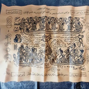 以下が含まれることがあります： 黒インクの図柄とアラビア語のテキストが書かれたベージュの布。テキストには「Bismillah ir-Rahman ir-Rahim」というフレーズが含まれており、これは「慈悲深く、最も慈悲深いアッラーの御名において」と訳されます。