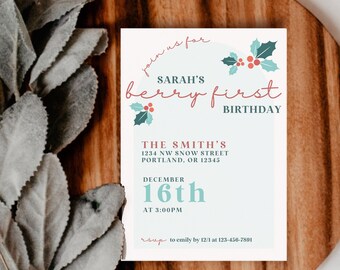 Winter Berry First Birthday Invitation Template, Berry 1st Birthday Invite, Girls 1st Birthday Invitation, Holly Printable Invite Bundle