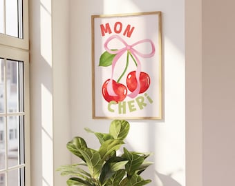 Cherry Poster, Retro Wall Art, Cherry Wall Art, Coquette Room Decor, Funky Wall Decor, Aesthetic Print, Trendy Wall Art, Vintage Decor