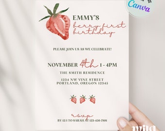 Berry First Birthday Invitation Template, Strawberry 1st Birthday Invite, Girls 1st Birthday Invitation, Strawberry Printable Invite Bundle