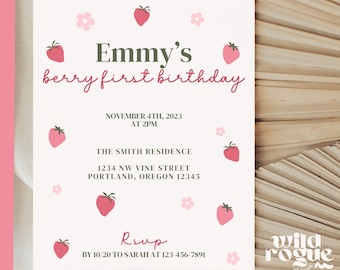 Berry First Birthday Invitation Digital, Strawberry 1st Birthday Invite, Girls 1st Birthday Invitation, Strawberry Printable Invite Bundle