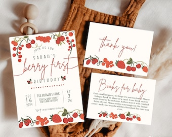 Berry First Birthday Invitation Template, Strawberry 1st Birthday Invite, Girls 1st Birthday Invitation, Strawberry Printable Invite Bundle