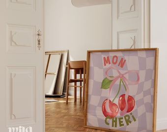 Cherry Poster, Retro Wall Art, Cherry Wall Art, Coquette Room Decor, Funky Wall Decor, Aesthetic Print, Trendy Wall Art, Vintage Decor