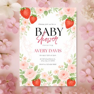 Strawberry Baby Shower Invitation, Berry Sweet Baby Shower, Pink Floral Strawberry Girl Baby Shower Invite, Editable Canva.