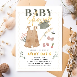Boho Girl Clothesline Baby Shower Invitation, Sweet Baby Girl Invitation Template, Girl Baby Shower Invite, Editable Canva.