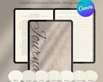 May include: An undated digital journal shown on tablets, with different page styles such as blank, lined, and dotted. The journal includes over 1,000 links, 300+ pages, 10 notebook covers, and 100+ thoughtful journal prompts. The word "Journal" is on the cover.