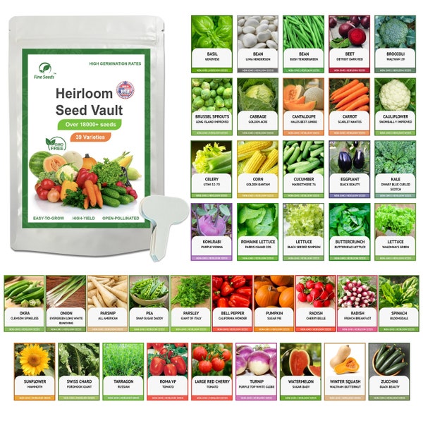 Heirloom Vegetable Seeds Survival Garden Kit - Over 18,000 Seeds for Planting Vegetables, Fruits & Herbs, 39 Heirloom Varieties, Non-GMO