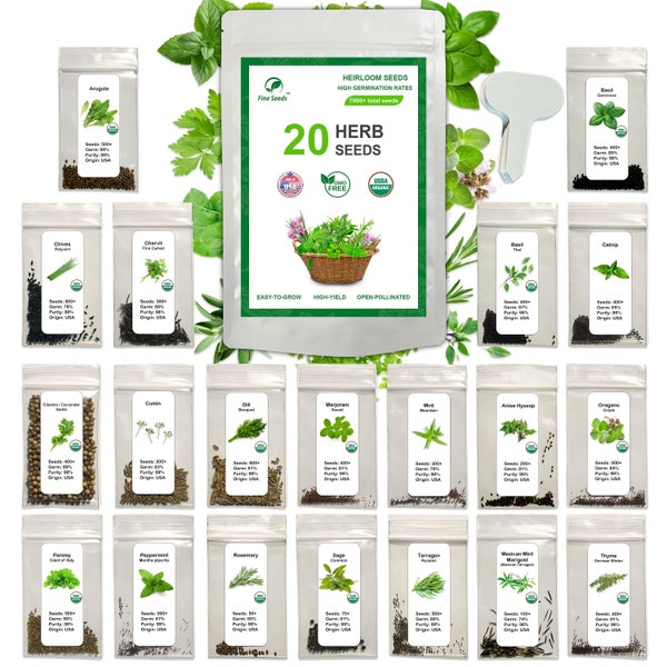 20 Culinary & Medicinal Herbs - 7000+ Heirloom, Non-GMO and Open-Pollinated Seeds, Garden Gift, Perfect for Indoor and Outdoor Gardening