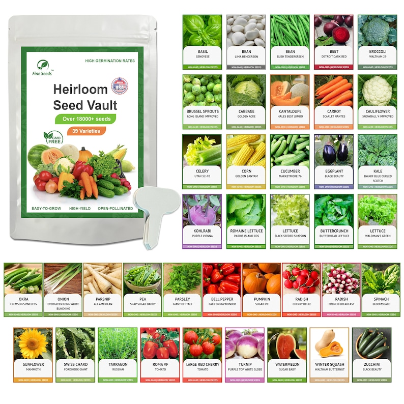 Heirloom Vegetable Seeds Survival Garden Kit Over 18,000 Seeds for Planting Vegetables, Fruits