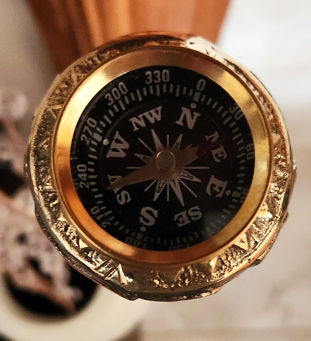 Walking Cane - Hand Carved W/ Stunning Brass Compass Handle *MUST SEE ...