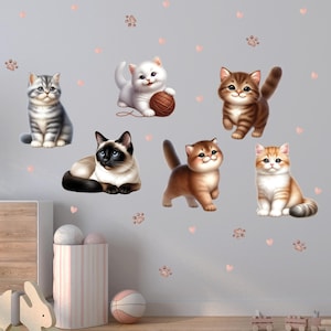 Cute Kitten Wall Decals for Kids Room – Cartoon Cat Stickers – Nursery Cat Decor – Removable Kitty Wall Art – Cat Paw Stickers