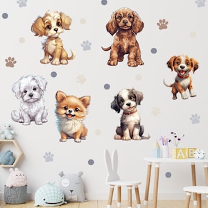 Adesivos de parede para cães, decalques de parede para filhotes, decorações para quartos infantis, adesivos de parede removíveis, decalques de parede para quartos infantis
