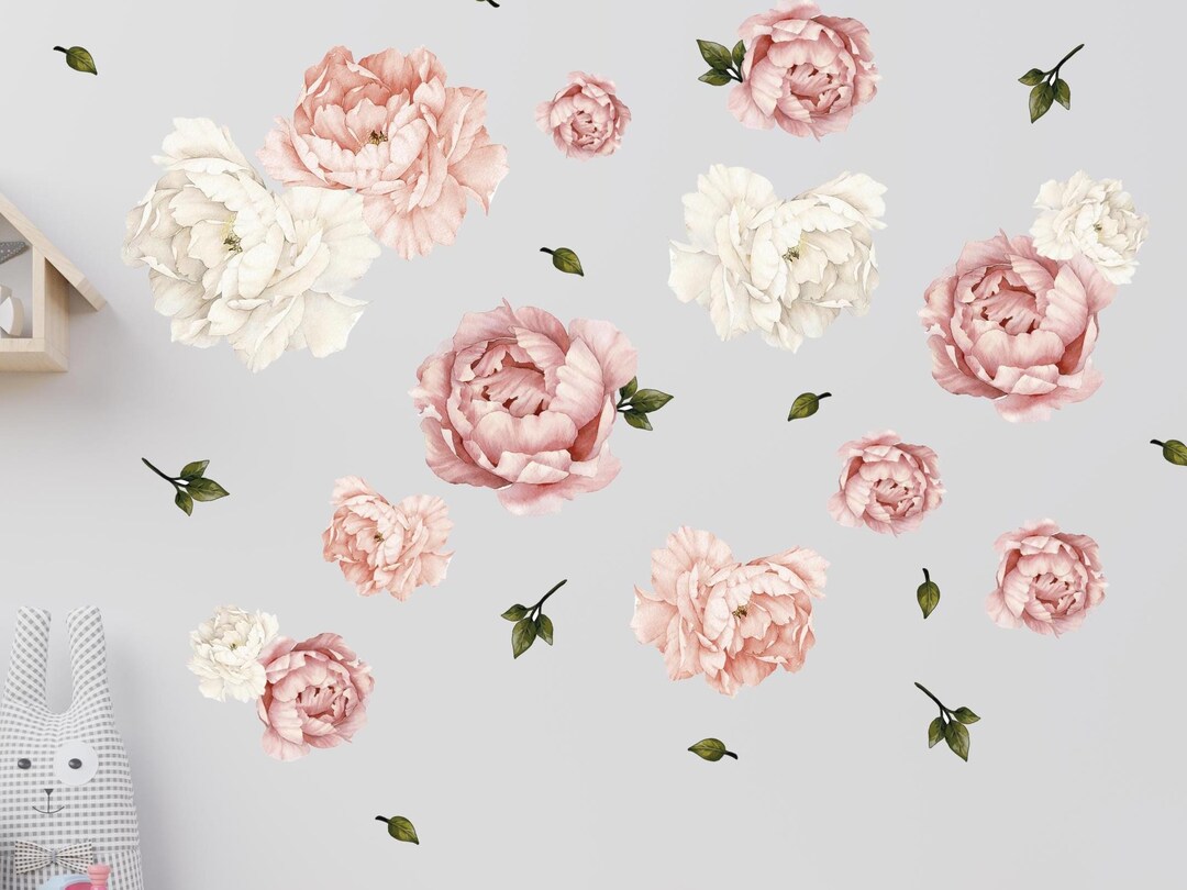 Pink White Peony Wall Decals Watercolor Peony Flowers Botanical Peony ...