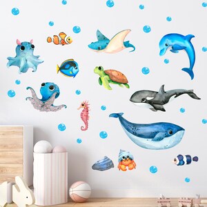 Stickers Muraux Thème Sous-marin Pour Enfants - Poissons, Baleines, Tortues, Décoration Chambre, Salle De Bain