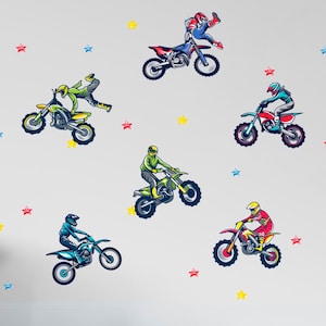 Motocross Wall Decals: Removable Dirt Bike Riders, Stars - Boys Room Decor