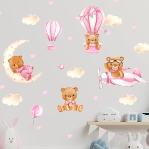 Watercolor Teddy Bear Wall Decals: Moon and Stars Nursery Decor