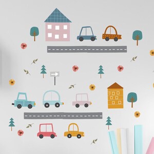 Removable City Road Wall Decals: Cars, Houses, Trees Nursery Decor