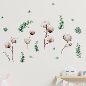 Watercolor Cotton & Eucalyptus Wall Decals: Boho Nursery Decor