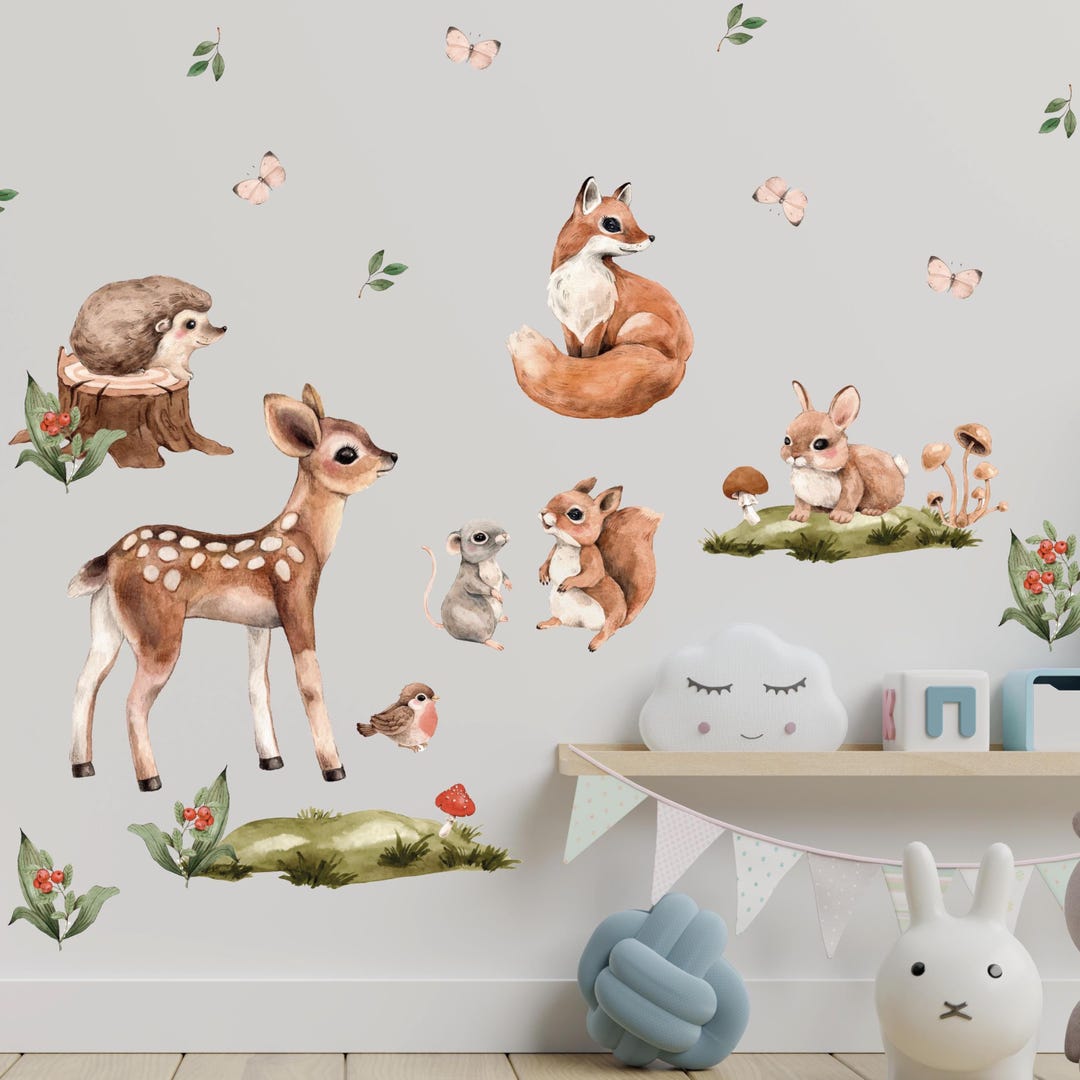 Woodland Animal Wall Decals Forest Nursery – Fox Bear Deer Rabbit Owl ...