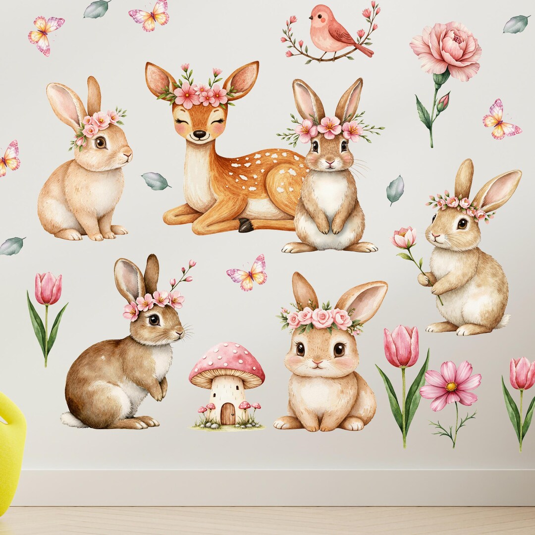 Watercolor Floral Bunny Wall Decals, Cute Rabbit With Flowers Wall ...