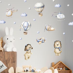 Aviation Nursery Wall Decals: Pilot Bears, Airplanes, Hot Air Balloons